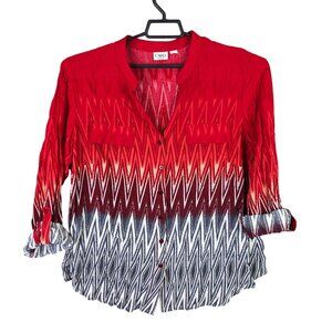 Cato Womens Red Ombre Zigzag Blouse 3/4 Sleeves Button Up 100% Rayon Size XL